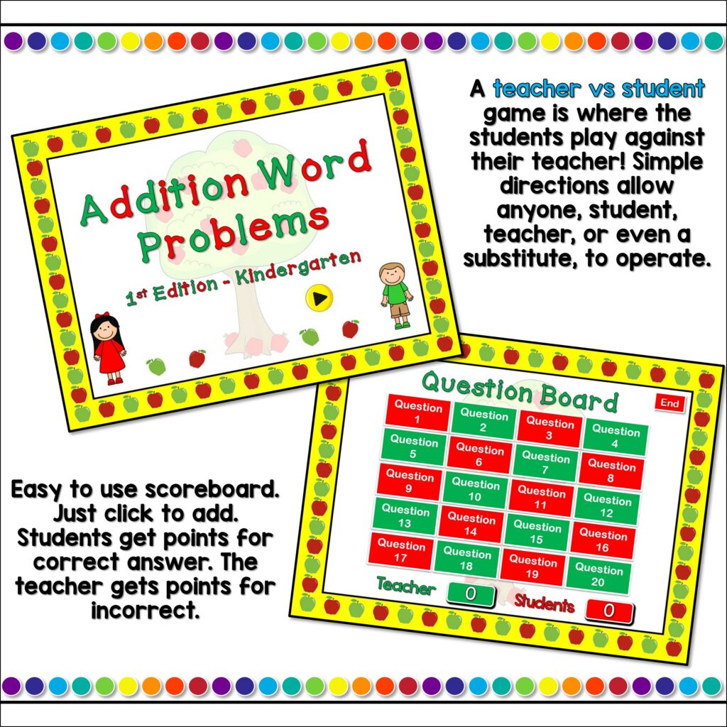 Kindergarten Addition Word Problems Teacher vs Student Powerpoint Game ...