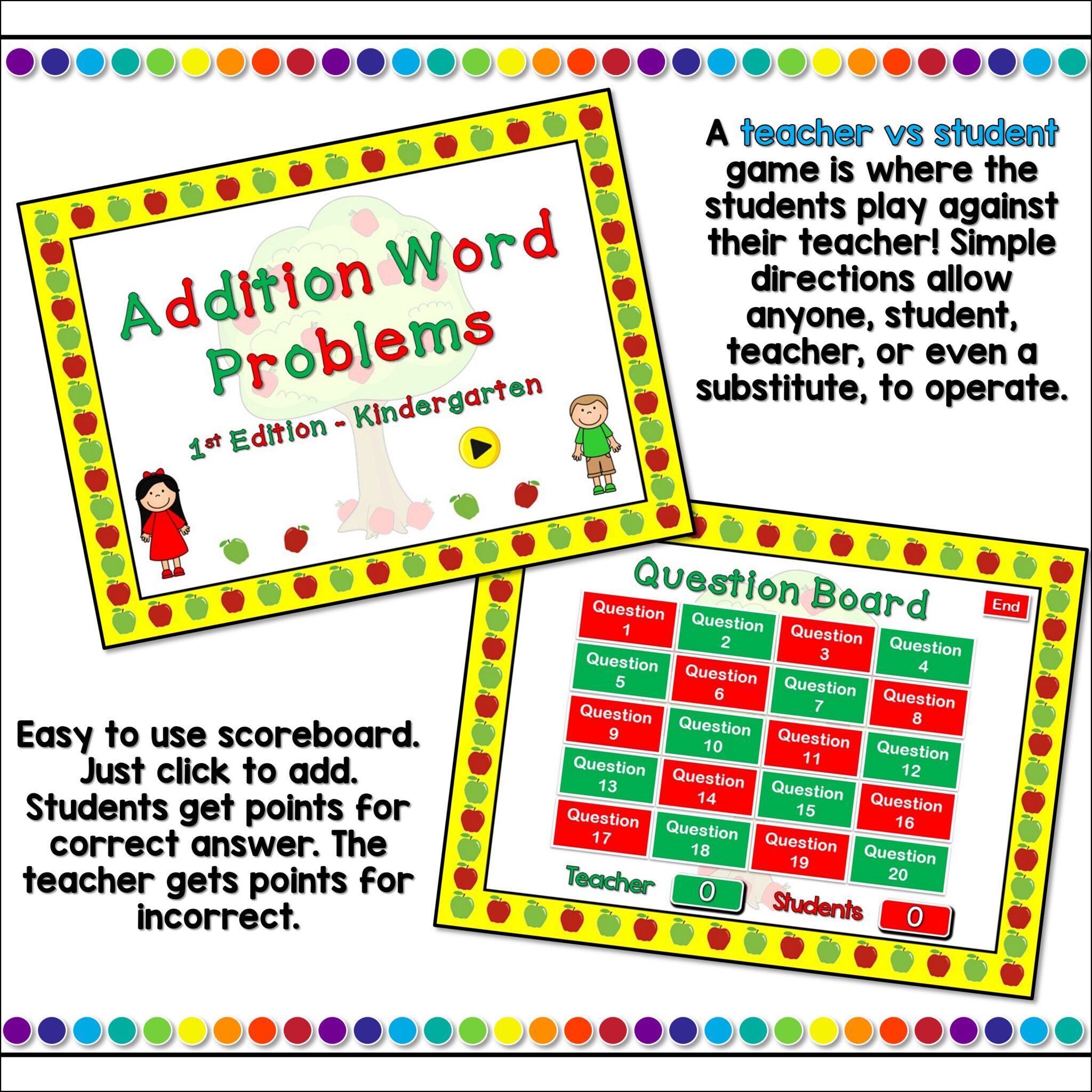 Kindergarten Addition Word Problems Teacher vs Student Powerpoint Game ...