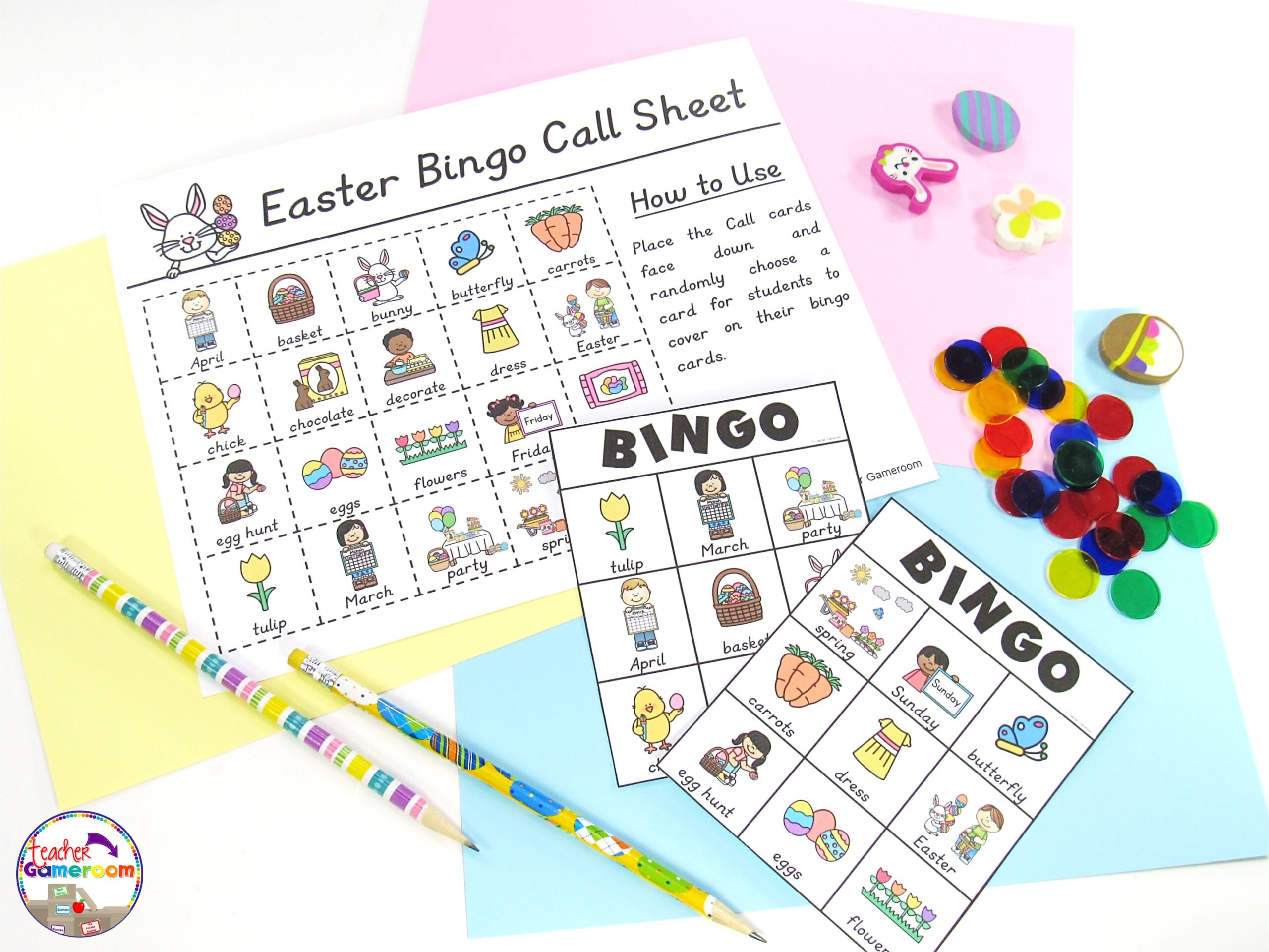 Easter Bingo Call sheet with 2 Bingo cards